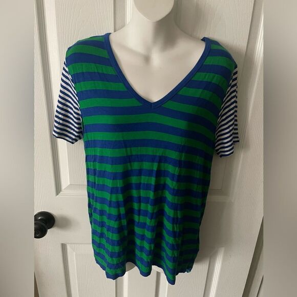 Michael Kors Multi Blue And White Striped Rayon Top V Neck Size Small - Picture 1 of 6